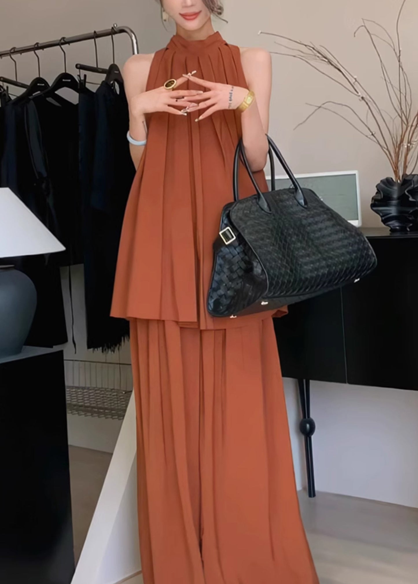 Chiffon Caramel Two Set Summer Stylish Stand Collar Pieces Wrinkled