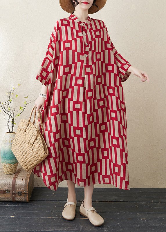 Red Stylish Collar Side Bracelet Open Sleeve Long Stand Striped Dress