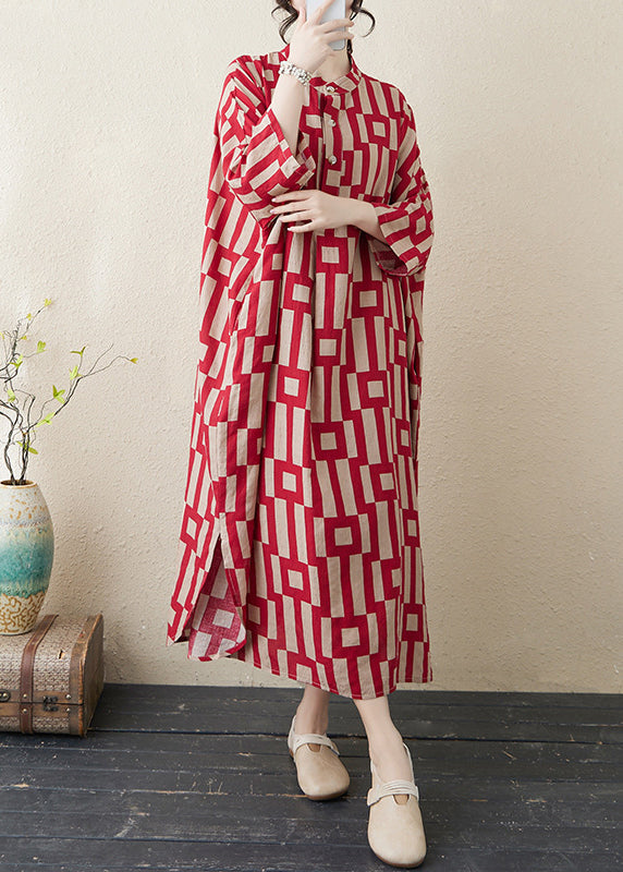 Red Stylish Collar Side Bracelet Open Sleeve Long Stand Striped Dress