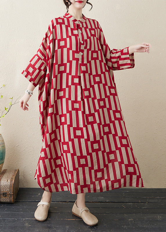 Red Stylish Collar Side Bracelet Open Sleeve Long Stand Striped Dress