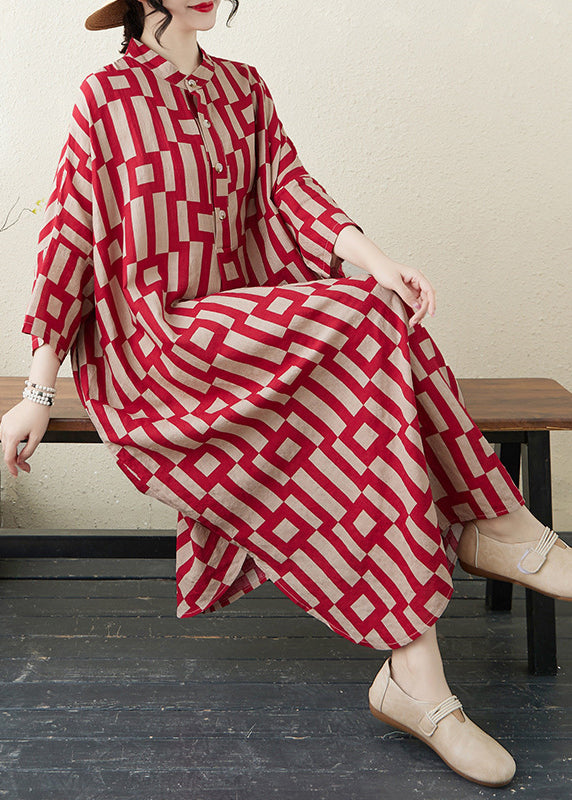 Red Stylish Collar Side Bracelet Open Sleeve Long Stand Striped Dress