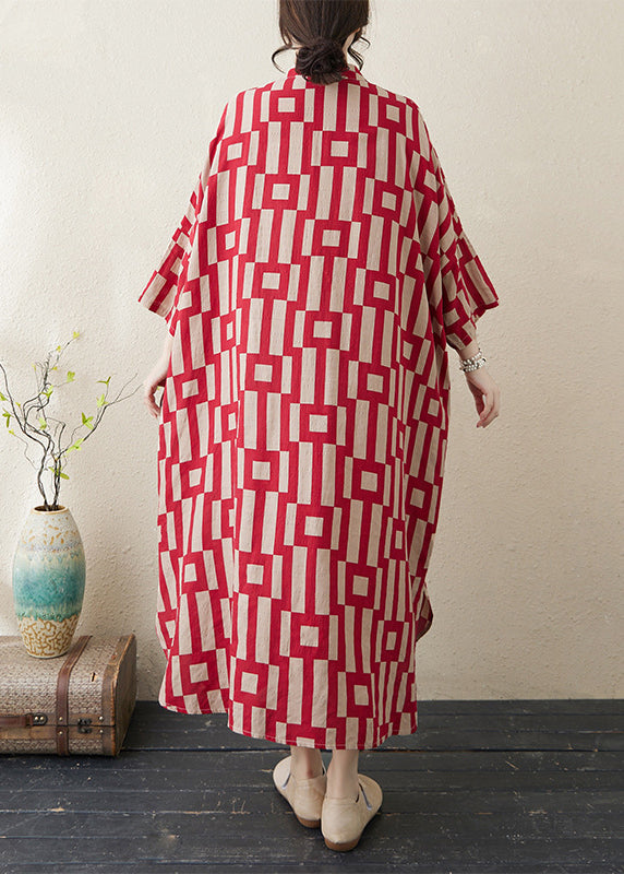 Red Stylish Collar Side Bracelet Open Sleeve Long Stand Striped Dress
