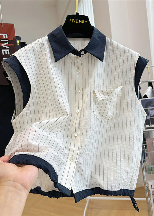 Beach Striped Patchwork Sleeveless White Stylish Cotton Vest