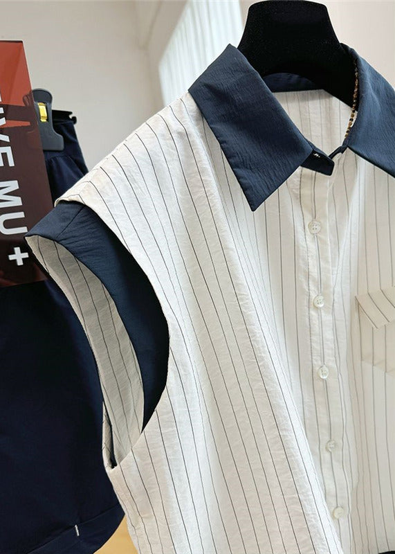 Beach Striped Patchwork Sleeveless White Stylish Cotton Vest