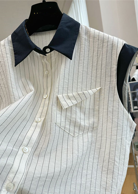 Beach Striped Patchwork Sleeveless White Stylish Cotton Vest