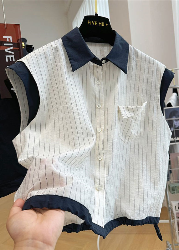 Beach Striped Patchwork Sleeveless White Stylish Cotton Vest