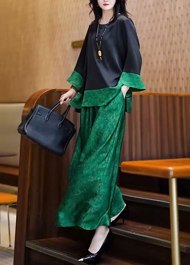 Two Peacock Unique Summer Piece Silk Oversized Patchwork Green Set
