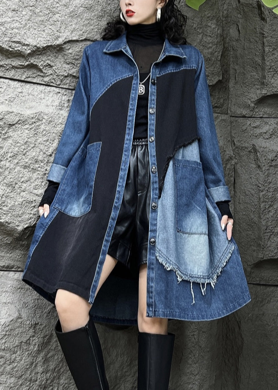 Pan Button Collar Coats Pockets Denim Vintage Fall Peter Long Blue Trench