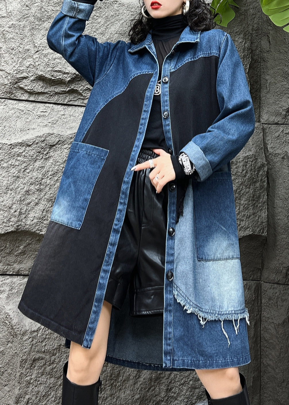 Pan Button Collar Coats Pockets Denim Vintage Fall Peter Long Blue Trench