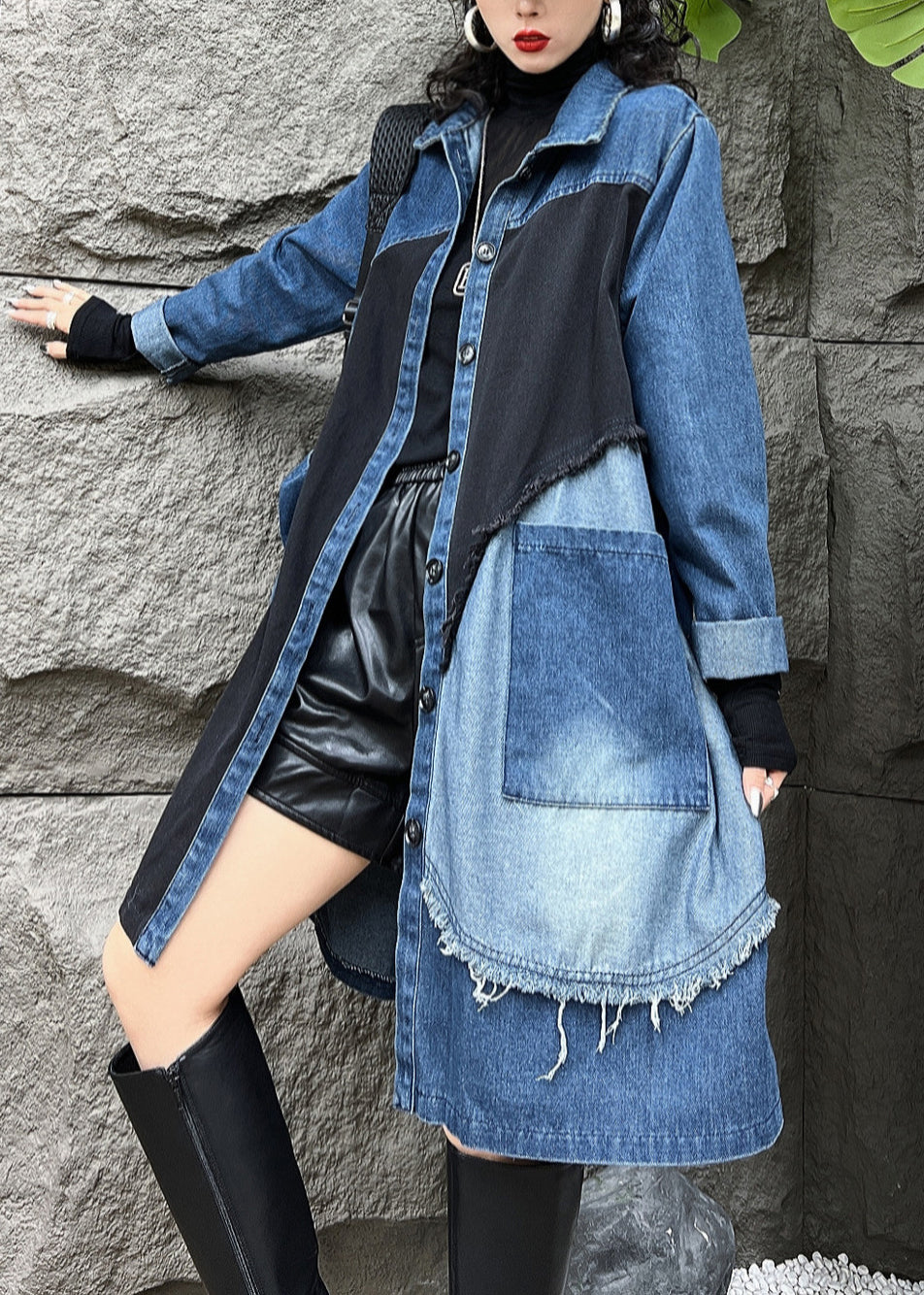 Pan Button Collar Coats Pockets Denim Vintage Fall Peter Long Blue Trench