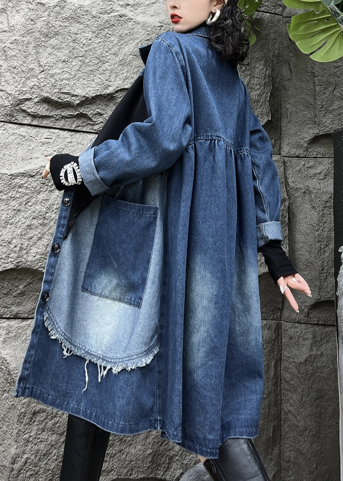 Pan Button Collar Coats Pockets Denim Vintage Fall Peter Long Blue Trench