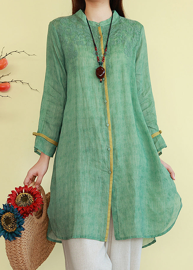 Thin Patchwork Button Blouses Linen Green Vintage