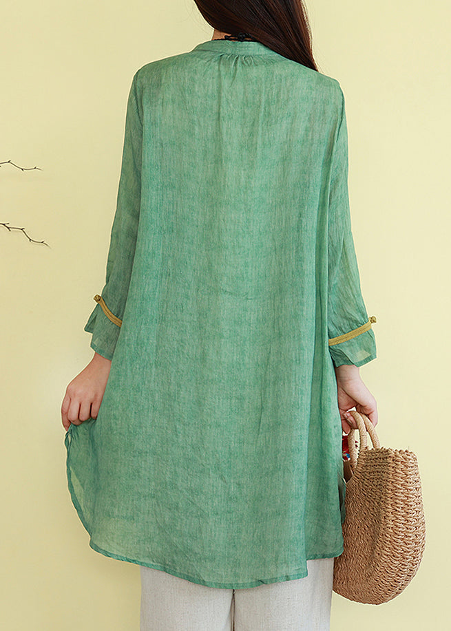 Thin Patchwork Button Blouses Linen Green Vintage