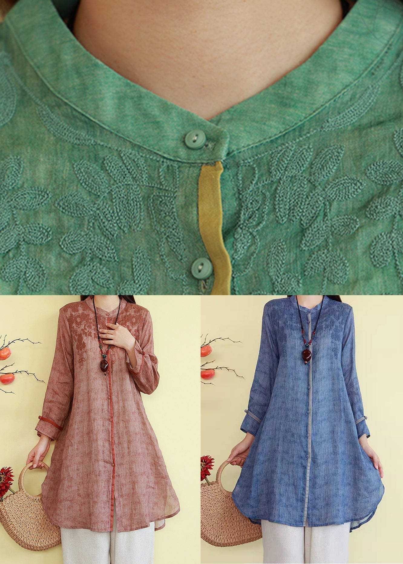 Thin Patchwork Button Blouses Linen Green Vintage