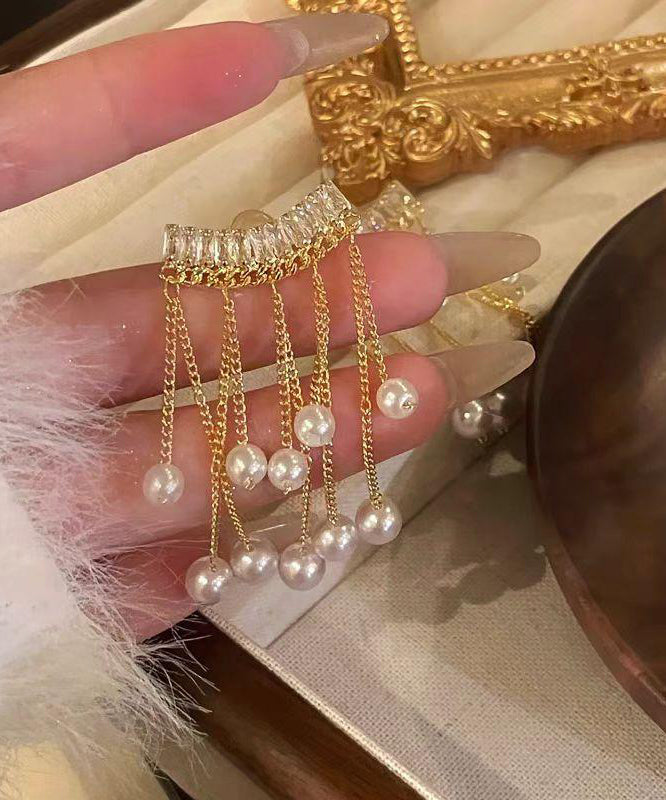 Vogue Earrings Copper Alloy Gold Drop Tassel Zircon Pearl