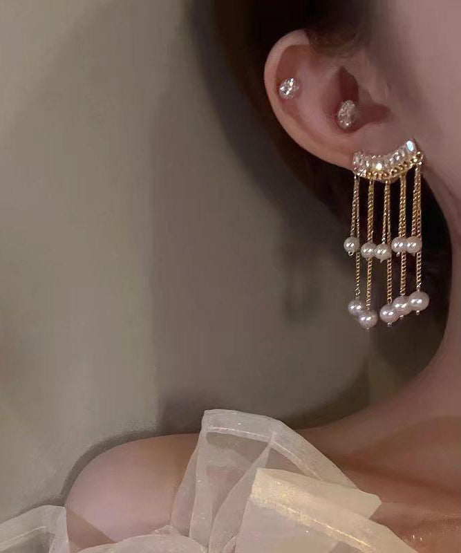 Vogue Earrings Copper Alloy Gold Drop Tassel Zircon Pearl