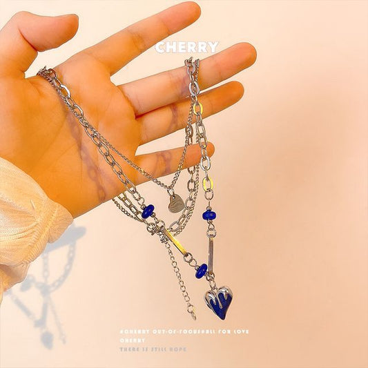 Steel Glaze Layered Necklace Pendant Stainless Heart