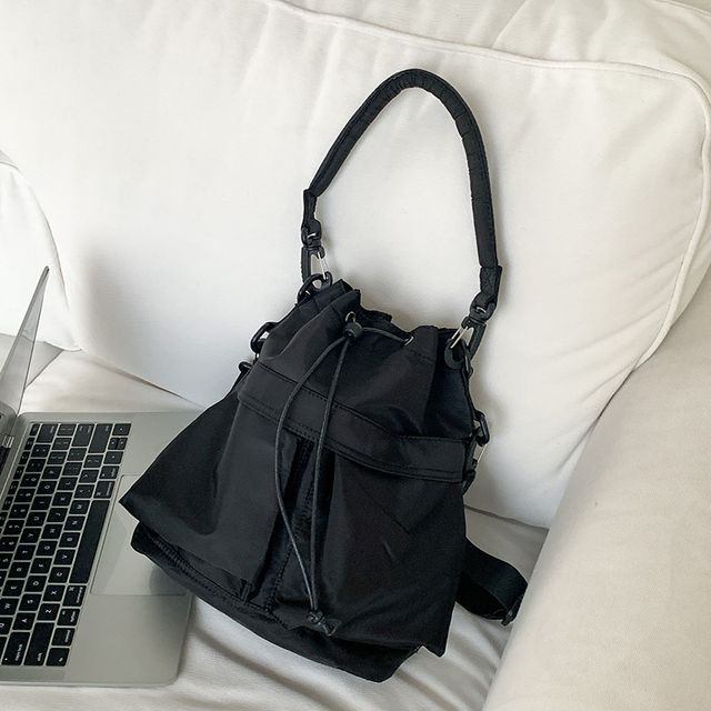 Drawstring Nylon Bucket Bag Multi-Pocket