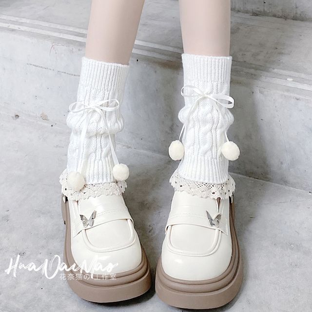 Knit Trim Lace Bobble Leg Bow Warmer