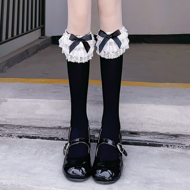 Bow Trim Socks Plain Lace