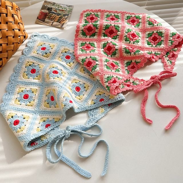 Triangle Knit Plaid Head Floral Scarf