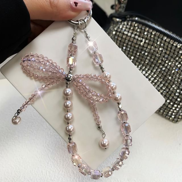 Pad Faux Phone with Pearl Lanyard Strap Bow Crystal