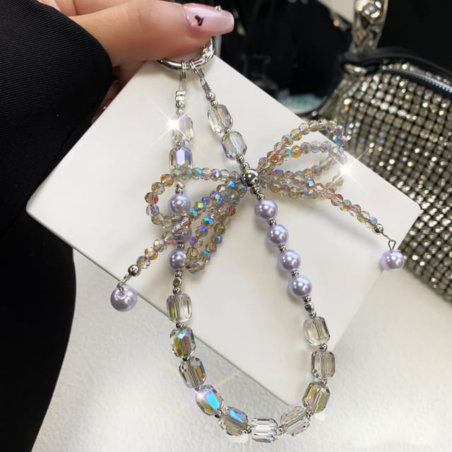 Pad Faux Phone with Pearl Lanyard Strap Bow Crystal