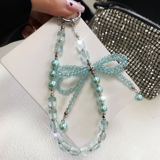 Pad Faux Phone with Pearl Lanyard Strap Bow Crystal