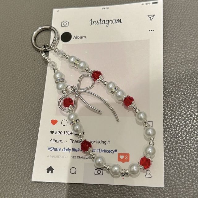 Faux Pearl Bow Pad with Lanyard Phone Strap