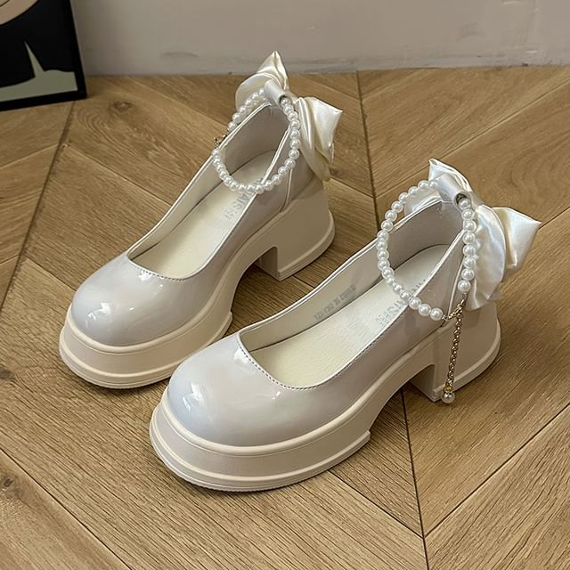Ankle Strap Platform Pumps Patent Bow Leather
