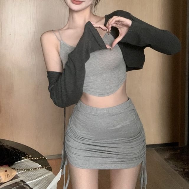 Fit Slim Camisole Elastic / Pencil Skirt Drawstring Top Mini Set Cardigan Waist Melange Crop