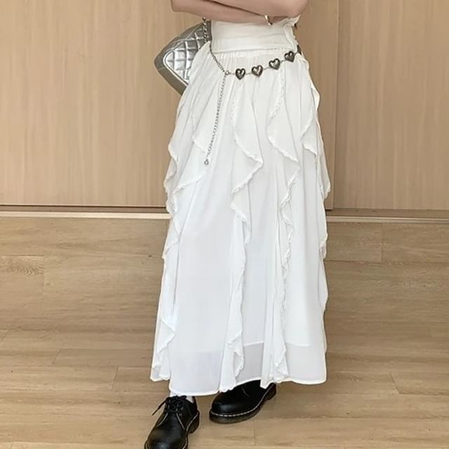 Slim Midi / Waist A-Line Tank Elastic Top Asymmetrical Trim Skirt Fit Plain Ruffle