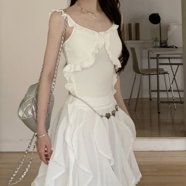 Slim Midi / Waist A-Line Tank Elastic Top Asymmetrical Trim Skirt Fit Plain Ruffle