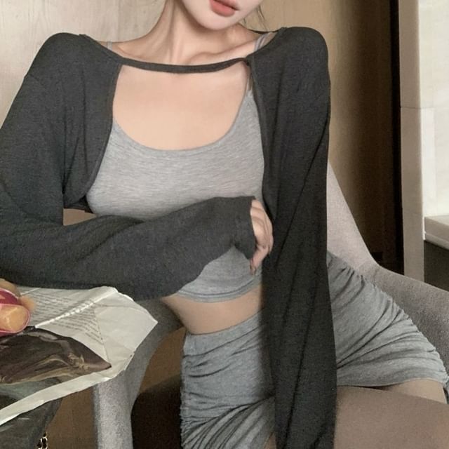 Fit Slim Camisole Elastic / Pencil Skirt Drawstring Top Mini Set Cardigan Waist Melange Crop