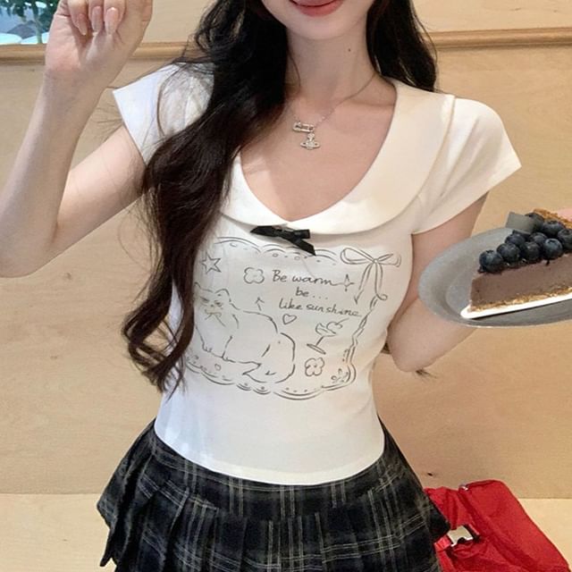 Top Collared Cat Cap Print Sleeve Bow
