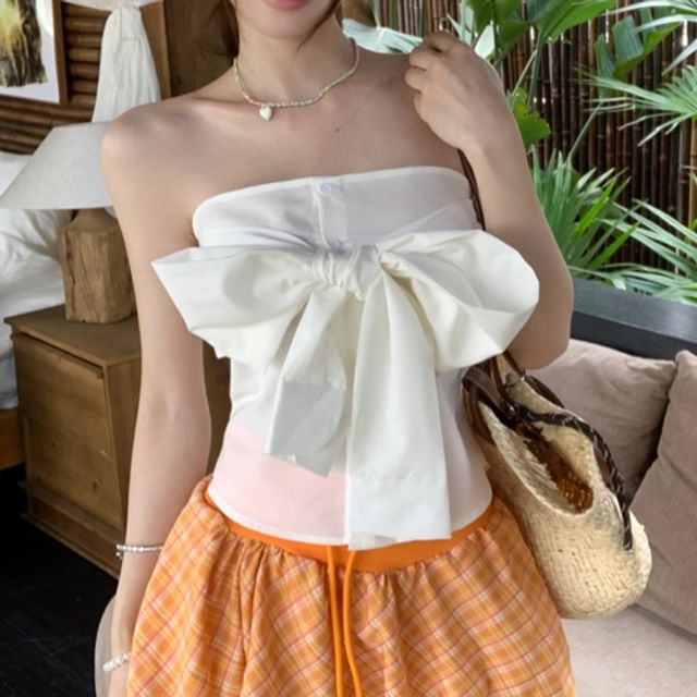 Skirt Waist / Plain Balloon A-Line Mini Tube Bow Drawstring Top Plaid