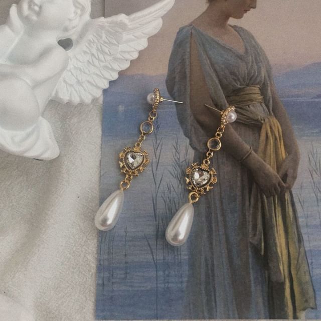 Dangle Pearl Alloy Heart Earring Faux Rhinestone
