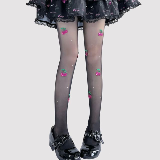 Bestickte transparente Strumpfhose Kirsche