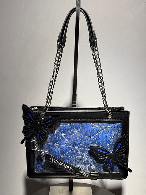 Dark Blue Butterfly Spiderweb Detail Small Version Black Ita Shoulder Bag