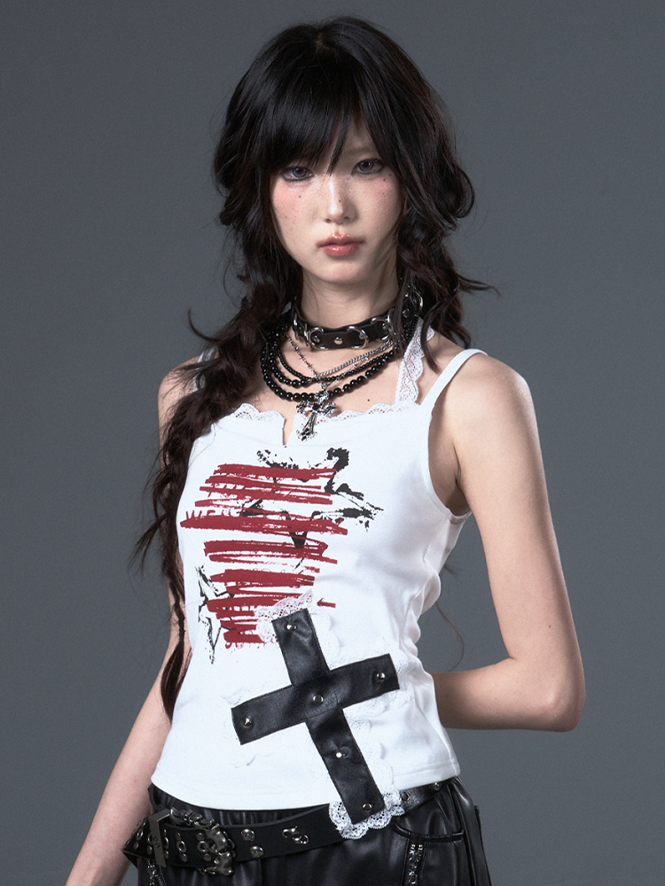 White Punk Star Graffiti Cami with Lace Studded Cross Top