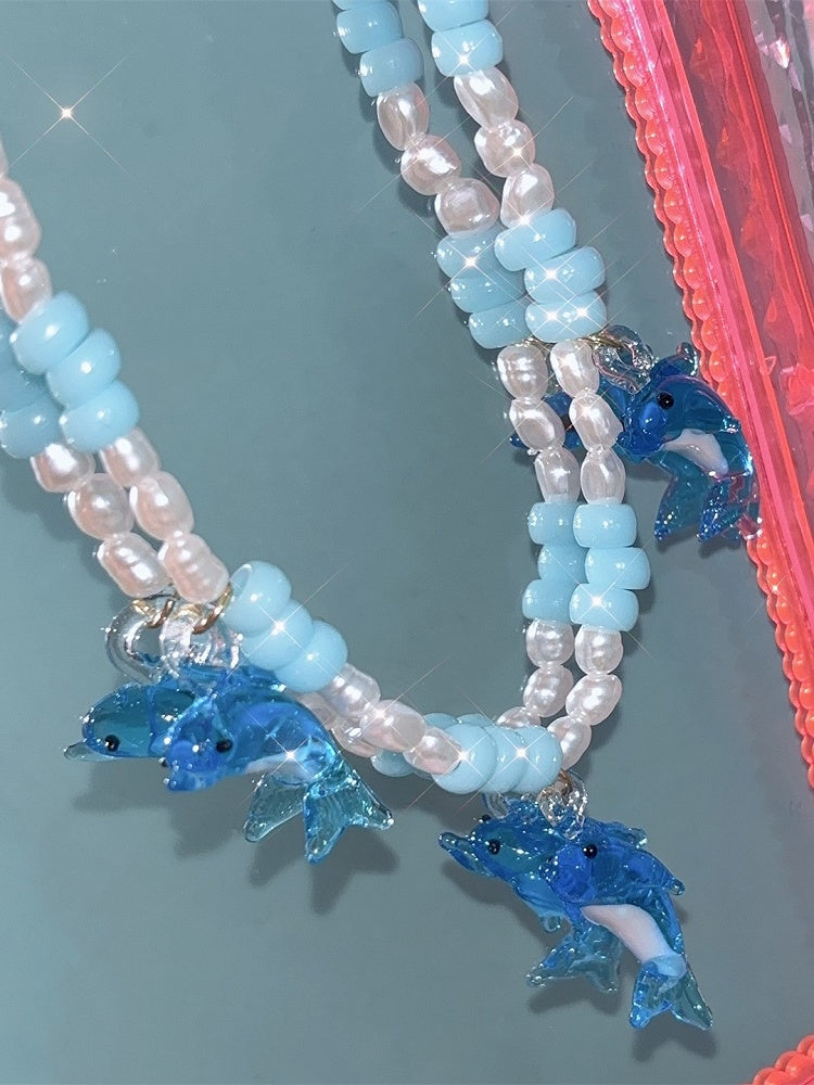 Necklace Blue Pendant Beaded Y2K Dolphin