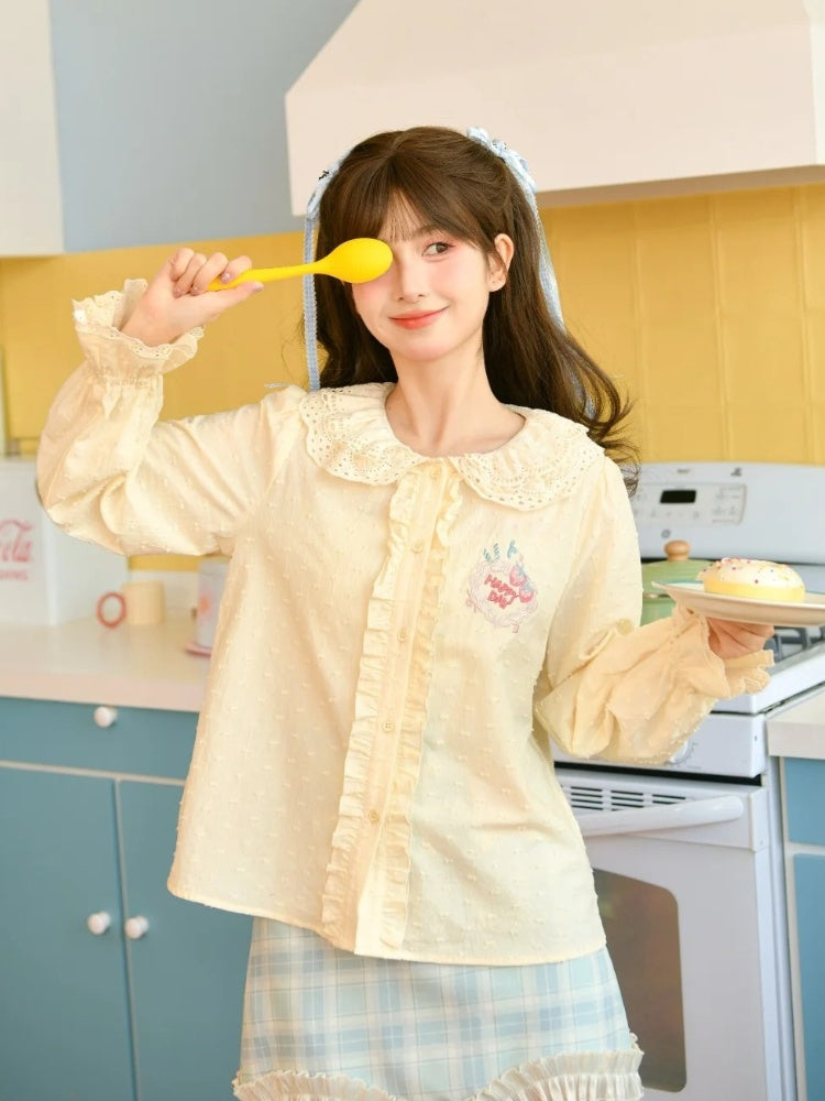 Yume Kawaii Strawberry Cake Embroidered Creamy Yellow Lace Peter Pan Collar Blouse