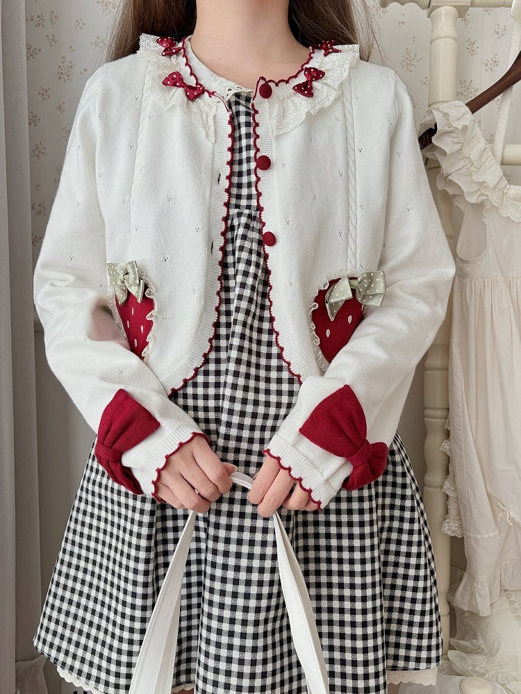 White Long Sleeves Strawberry Applique Cardiagn