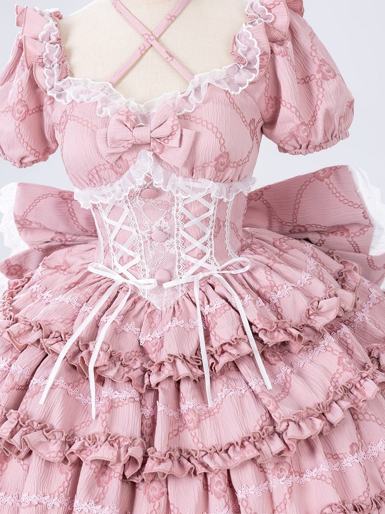 Dress Big Lolita OP Princess Corset Pink Skirt Ruffle Waist with