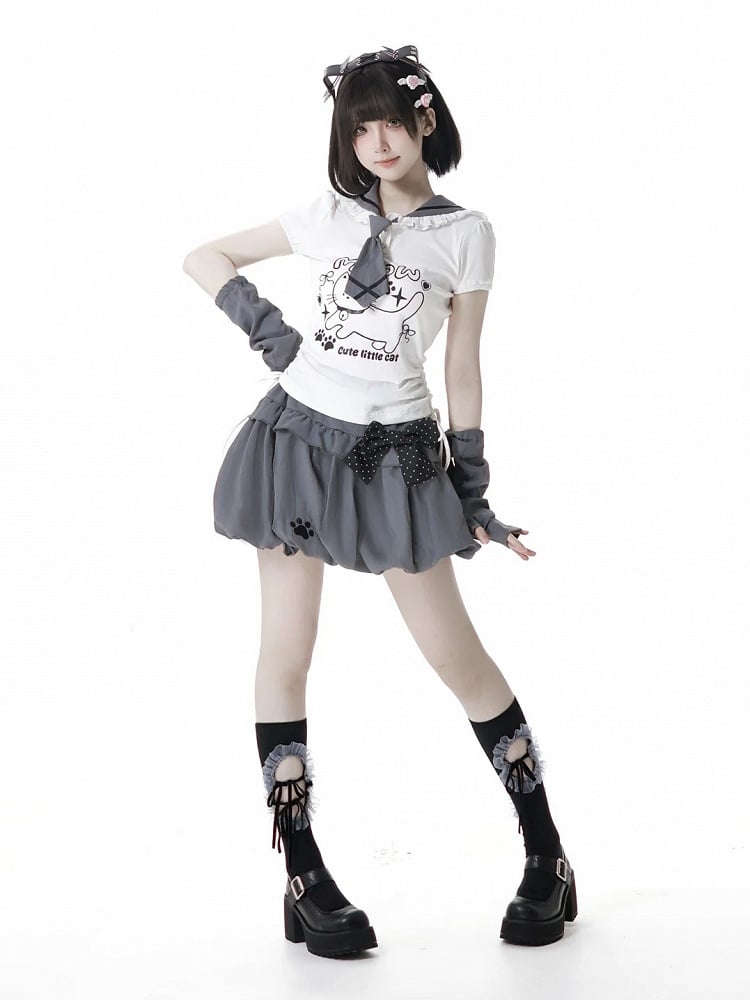 Side Armwear Free Ears with T-shirt Kitty Design Sailor Collar White Drawstring