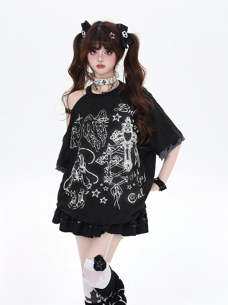 Black/Beige Cutout Shoulder Graffiti Bittersweet T-Shirt Angel Lucky