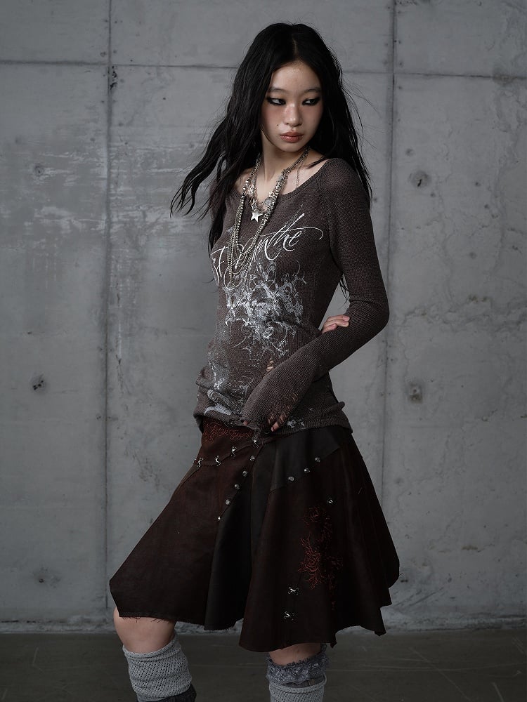 Asymmetrical Skirt Punk Reddish with Embroidery Wasteland Hem Brown Floral Suede
