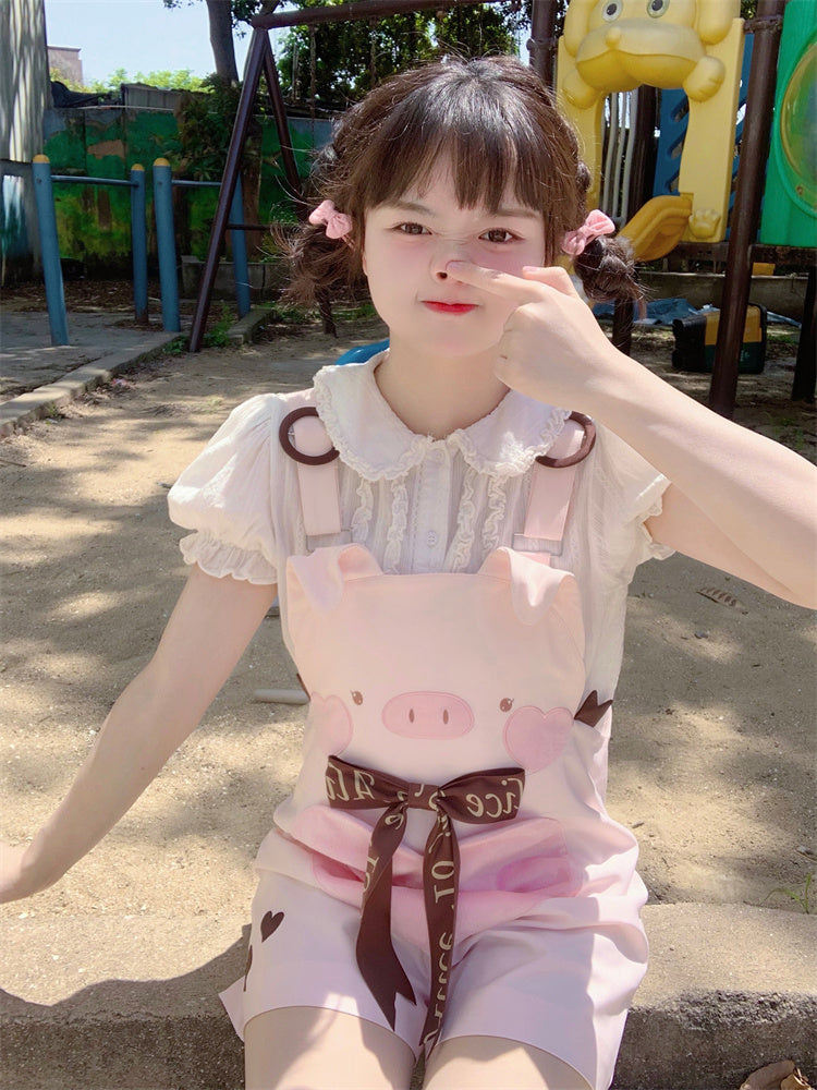 Adorable Piggy Pattern Bubble Shorts Overalls Pink