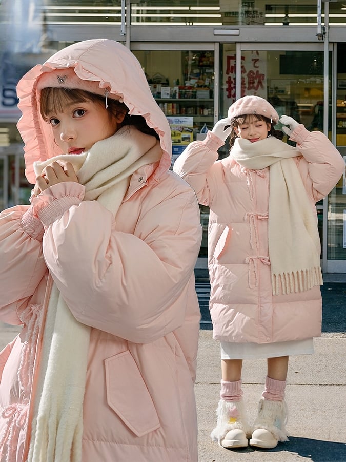 Pink Hooded Down Bowknot Horn Shaped Button Coat