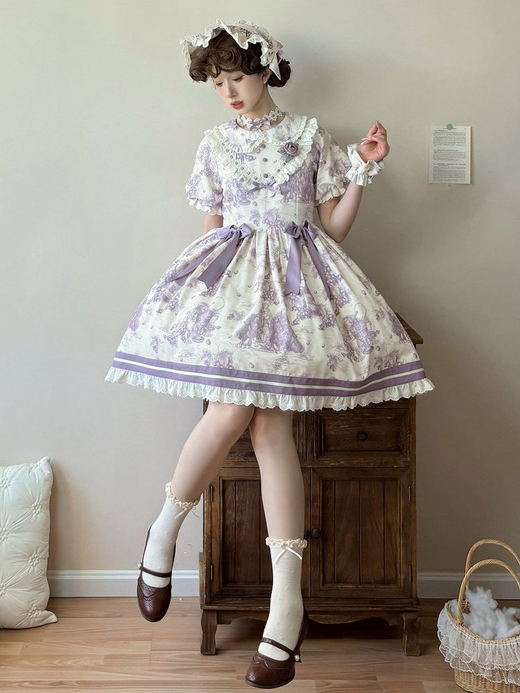 Lolita Print Lila Kurzes Kleid mit Peter-Ärmeln und Traubenkragen